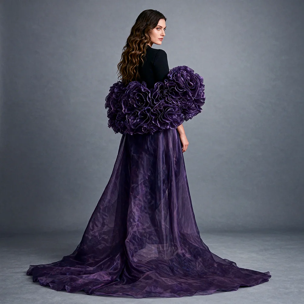 Dress Cape Purple Off Shoulder 3D Floral Organza Bridal Cape with Train Detachable for Wedding Dress Shoulder Cape ES6414D