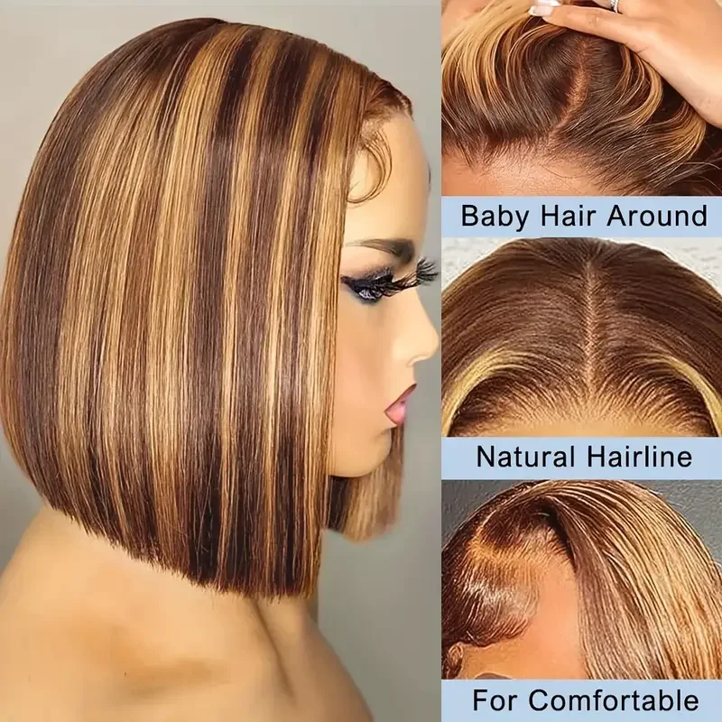 Straight Short Bob Wig Highlight 4/27 13x4 Lace Frontal Human Hair Bob Wigs Brown Blonde Transparent Lace Front Human Hair Wig image 2