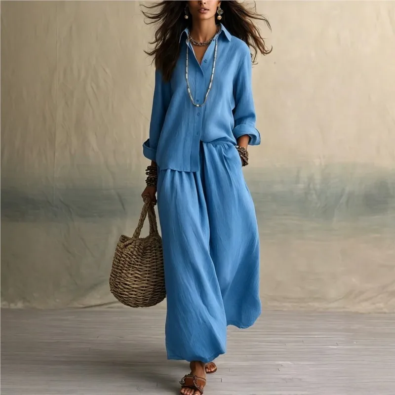Elegant Solid Color Office Two-piece Set Women's Fashion Lapel Single Breasted Cardigan Top+wide Leg Pants Suit Lady With Pocket