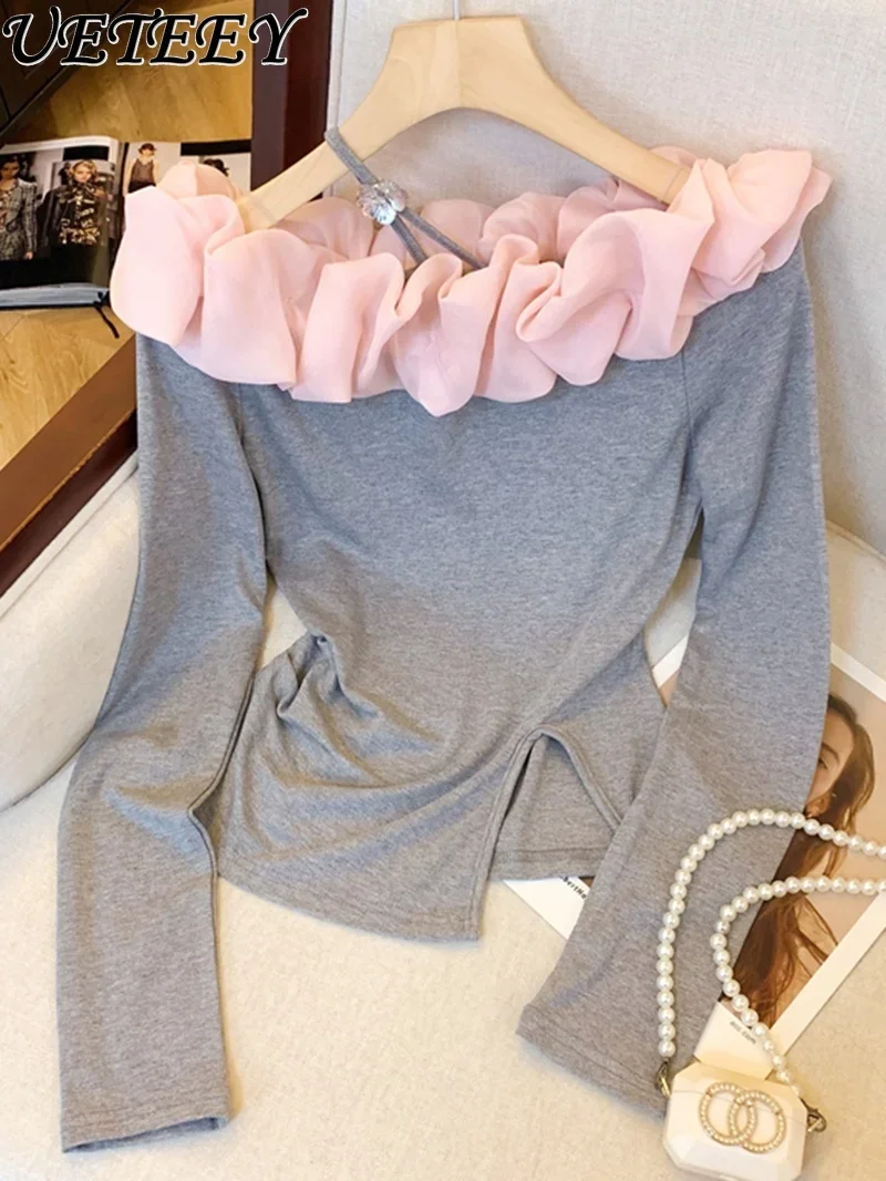 

Sexy One-word Collar Sweet Off-shoulder Long-sleeved T-shirt Women's Spring Autumn New Bottoming Shirt Carving Ruffle Top