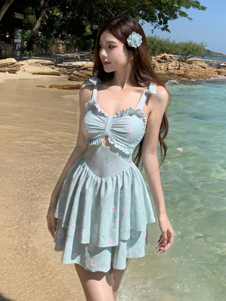 One Piece Swimsuit Women 2026 New Green Print Ruffle Sling Bodysuit Sexy Swimwear Summer Dress Beachwear Bathing Suit For Female