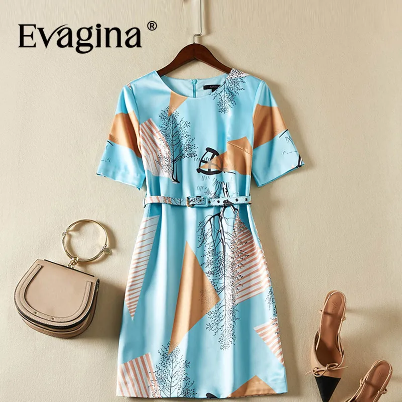 Evagina Printing Lace-UP Short-Sleeved Mini Dress 2024 Spring Summer New Women's Streetwear Sky Blue A-Line Dresses