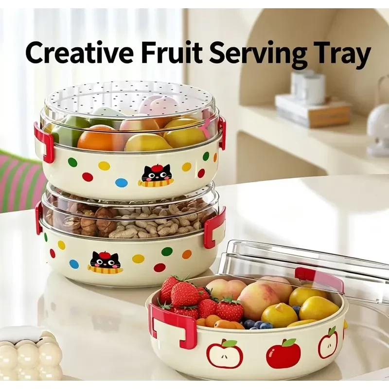 for Fast delivery, cute polka dot pattern, double-layer drain fruit plate, divided platter for living room, can store nuts,
