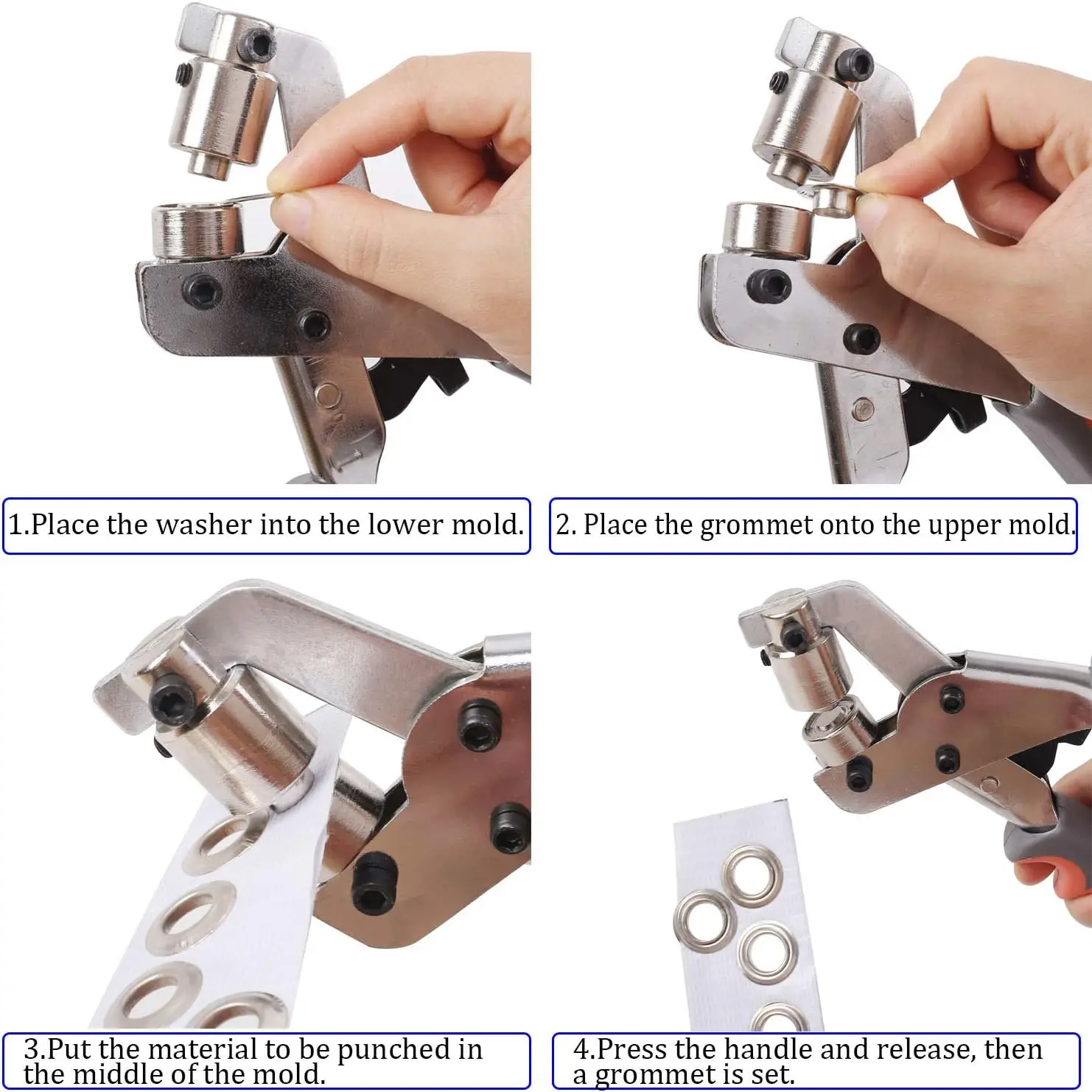 

Grommet Tool Kit Handheld Hole Punch Pliers Portable Grommet Hand Press Machine Manual Puncher w/ 500pcs Silver Grommets of 3/8