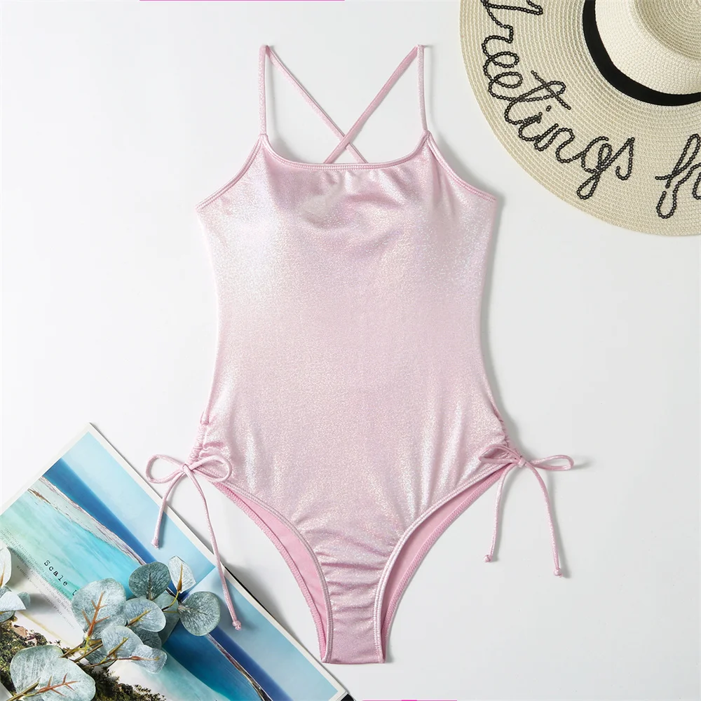 

Блестящий слинг-бикини с открытой спиной, Монокини, розовый купальник, женский купальник для отпуска, Y2K, пляжный наряд, купальный костюм, сексуальный комплект