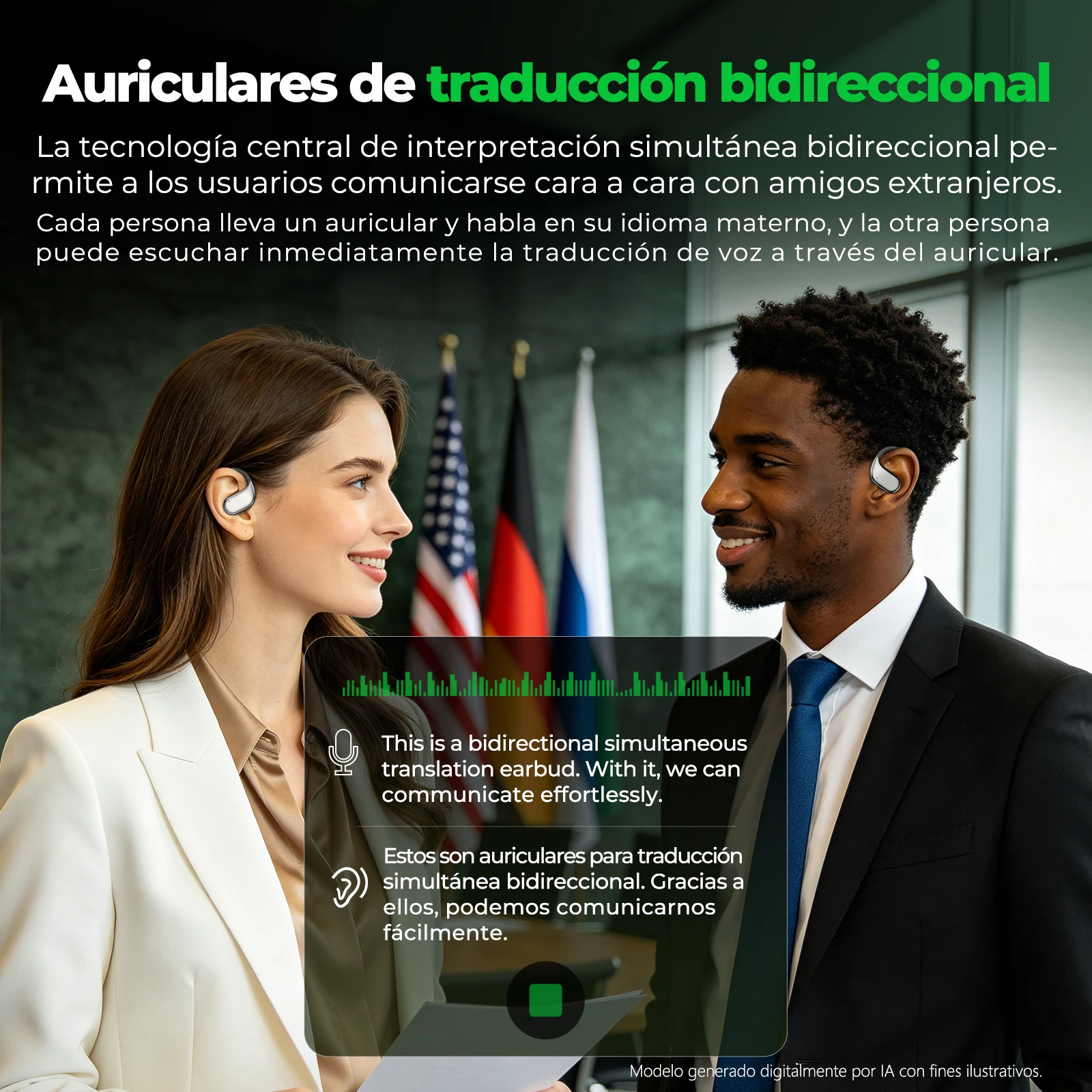 Auriculares Traductores con IA de Oído Abierto HTC NE39 Mejorados, Traducción en Tiempo Real de Idiomas, Traducción Bidireccional, Auriculares Bluetooth Inalámbricos para Viajes