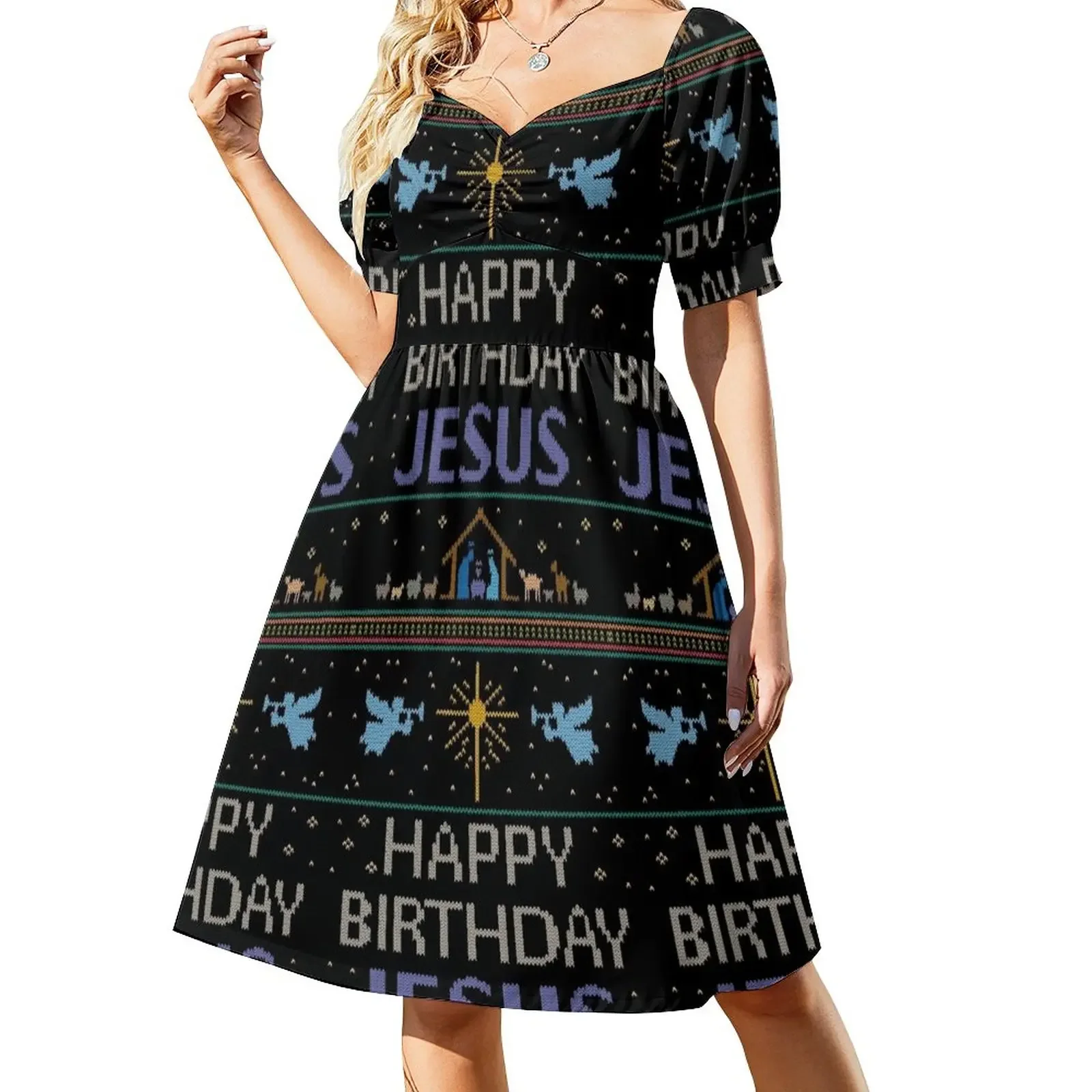 

Ugly Christmas Sweater - Knit by Granny - Happy Birthday Jesus - Religious Christian Purple Sleeveless Dress long sleeve dress