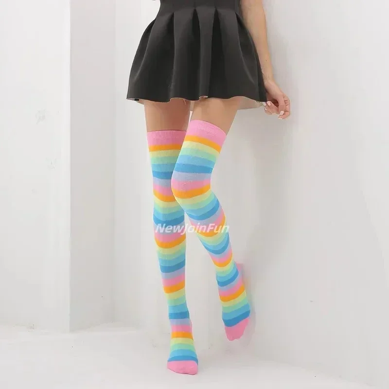 Women Thigh Knee High Socks Rainbow Striped Stockings Kawaii Thigh High Spotted Sock