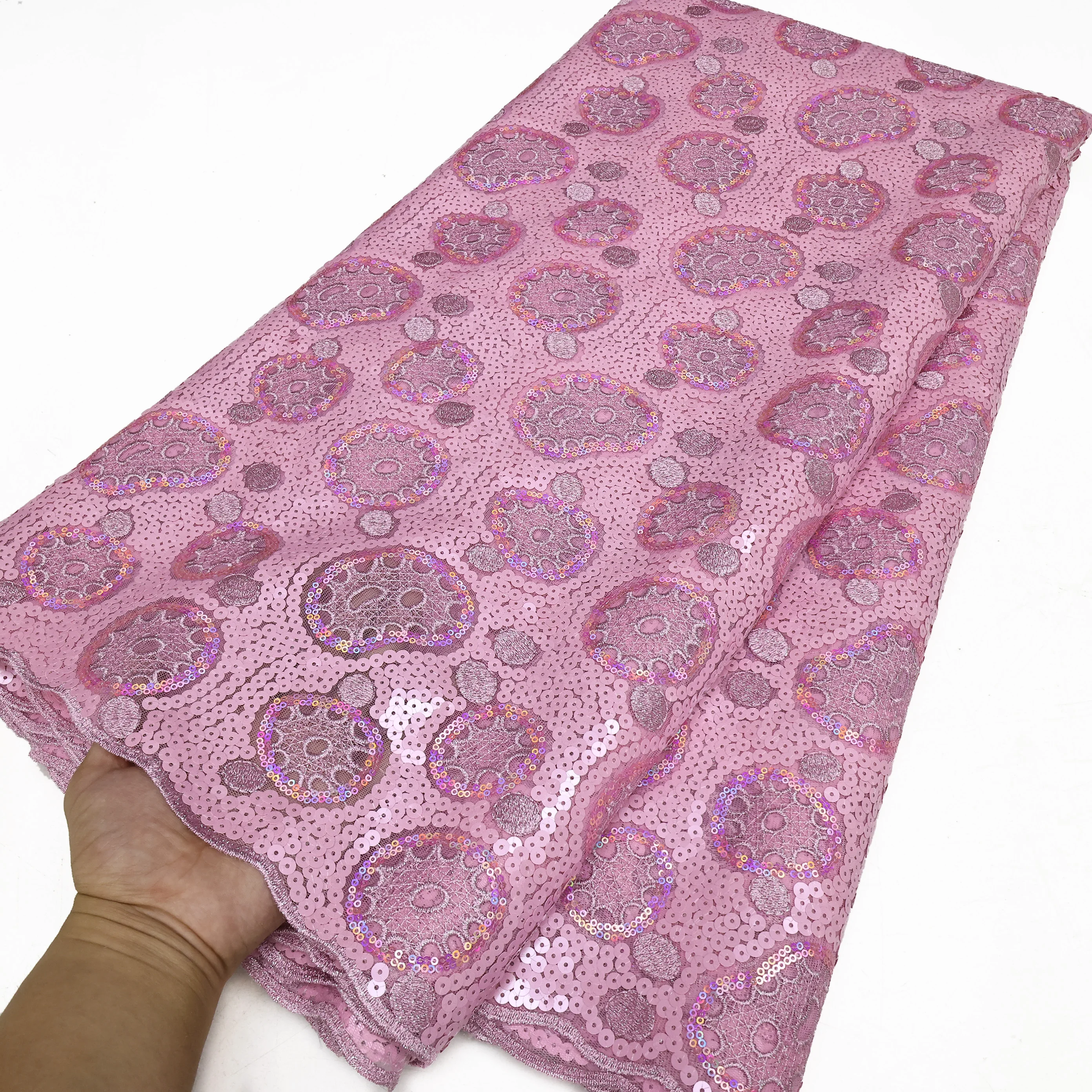 PGC-tela de encaje de guipur rosa, Material de malla bordada de tul con lentejuelas originales de alta calidad para vestido de fiesta de lujo de Brasil