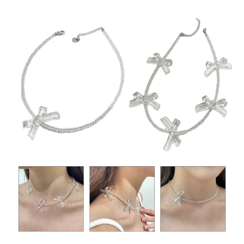 Clear Charm Clavicle Chain Bowknot Necklace with Exquisite Design Fashionable Statement Jewellery for Ladies and Teens