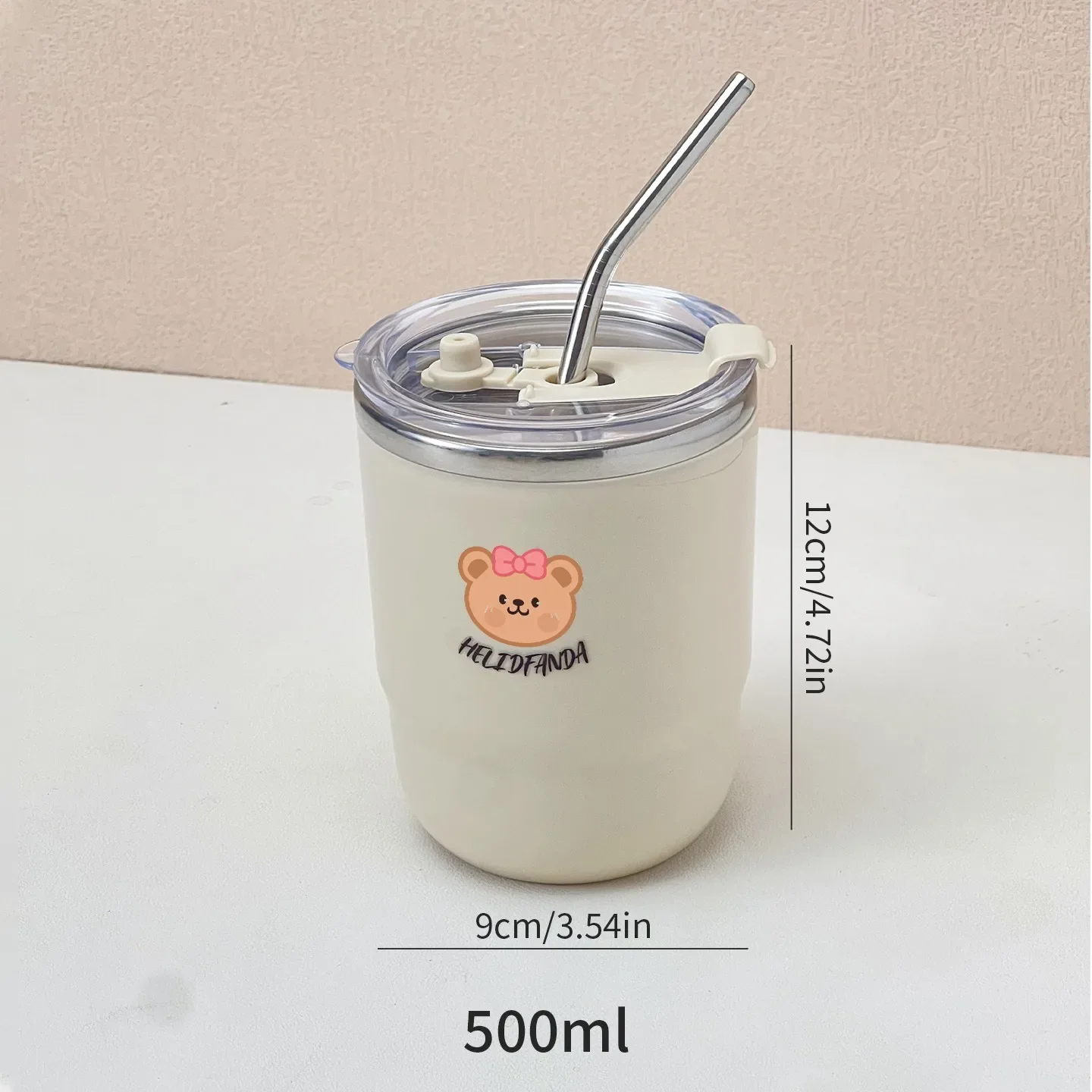 500ML thermosbeker met rietje, gemaakt van 304 roestvrij staal, dubbelwandig geïsoleerd, draagbare, lekvrije koffiebeker voor kinderen.