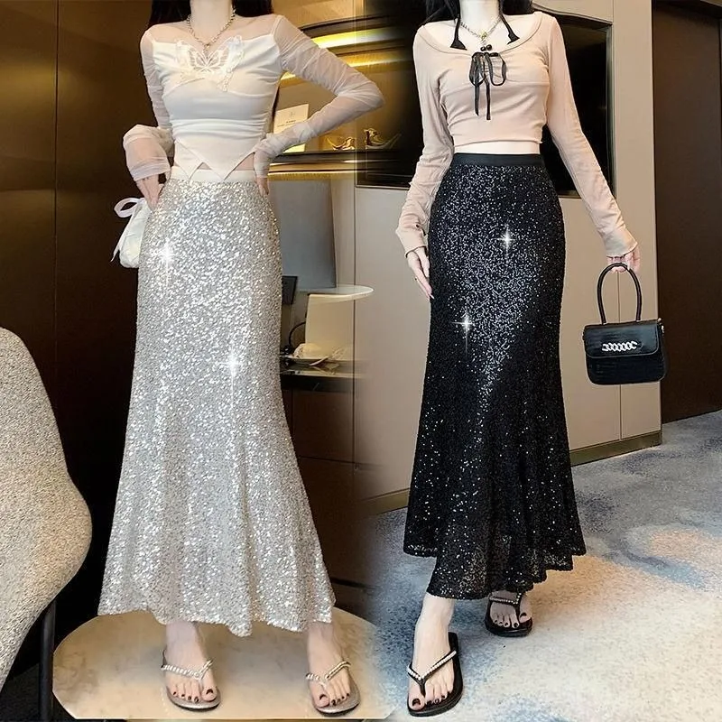 Women's Sequin Skirt Korean Fashion  Elastic High Waist Ruffled Hem A  Line Y2k  Night Out Party Bodycon Midi Skirt Clothes