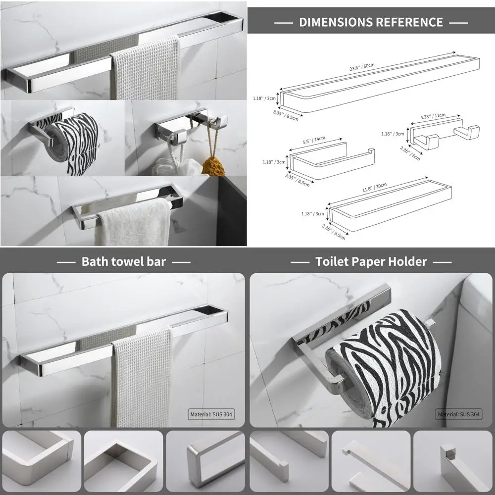 

YACVCL 4-Piece Bathroom Hardware Accessories Set Polished Chrome Towel Bar Set Square Towel Holder Kit Stainless Steel Wall Moun