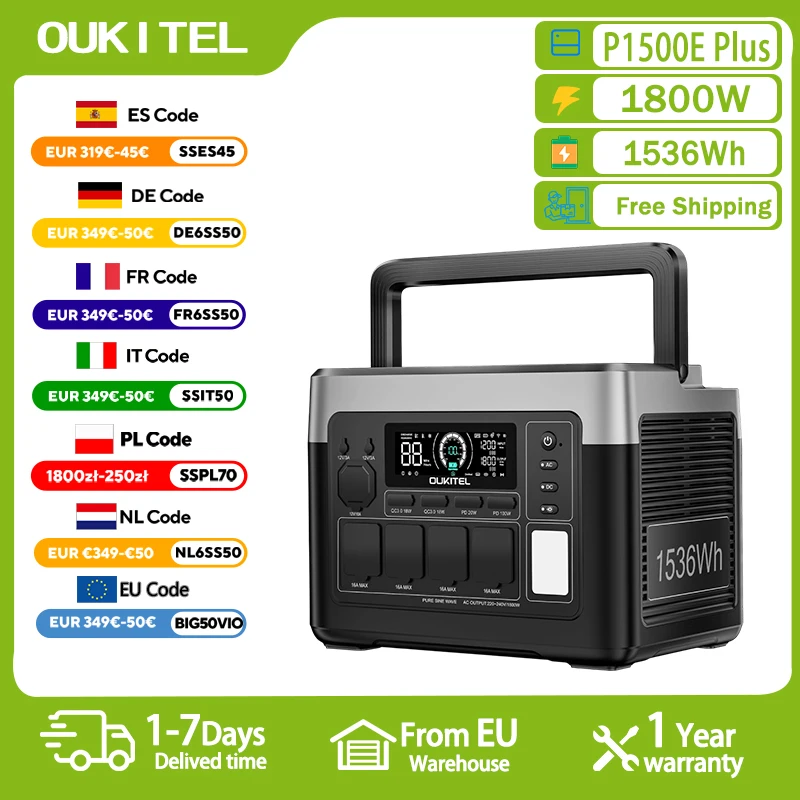OUKITEL P1500 PLUS Portable Power Station 1800W Solar Generator 1536Wh Lifepo4 Battery Home Backup Outdoor Camping Mobile power