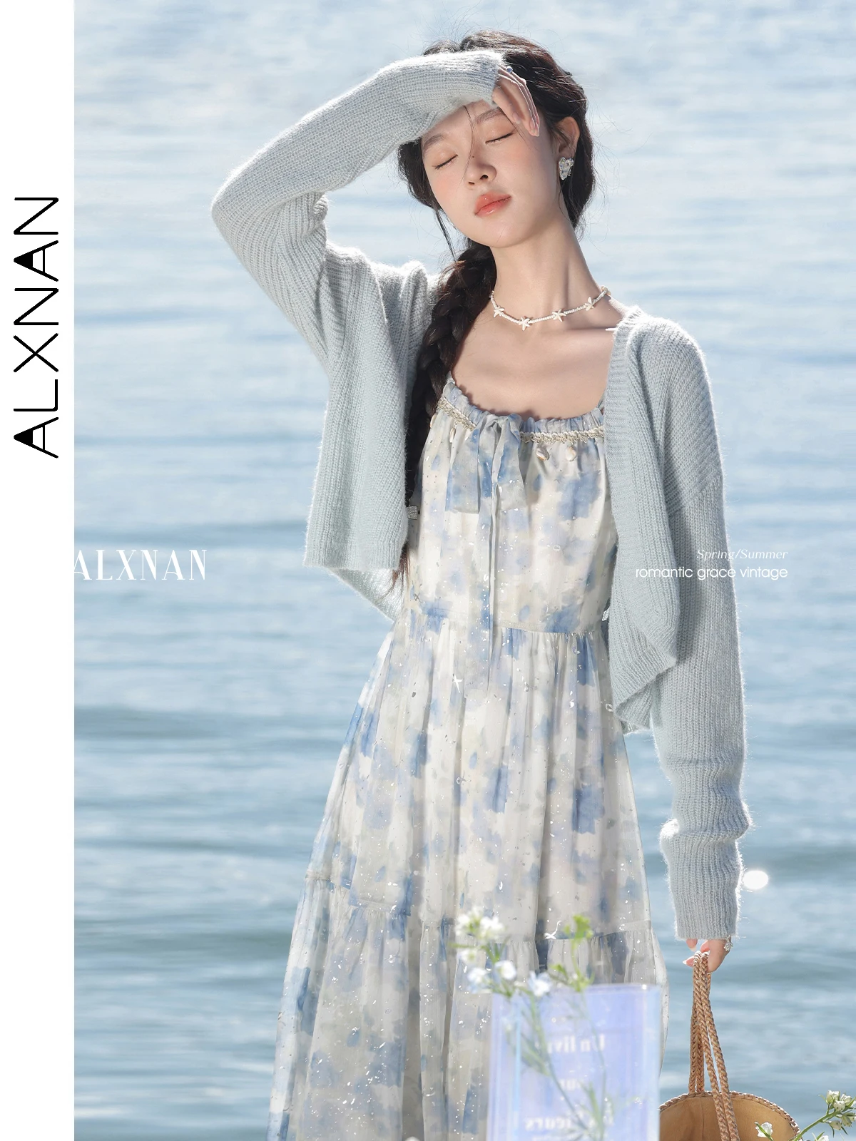 

Женский кардиган ALXNAN синего цвета, весна 2026, модный элегантный трикотаж, свободный крой, повседневный, с длинными рукавами, шерстяной, L53118SY