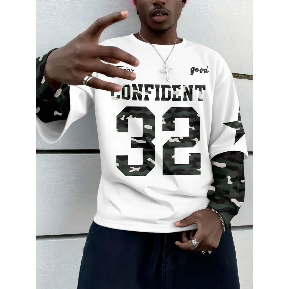 

Street Fake Two Autumn Ins Splicing Long Sleeved T-shirts for Men with Retro Letter Prints Loose Oversized Thin Top Clothing Y2K