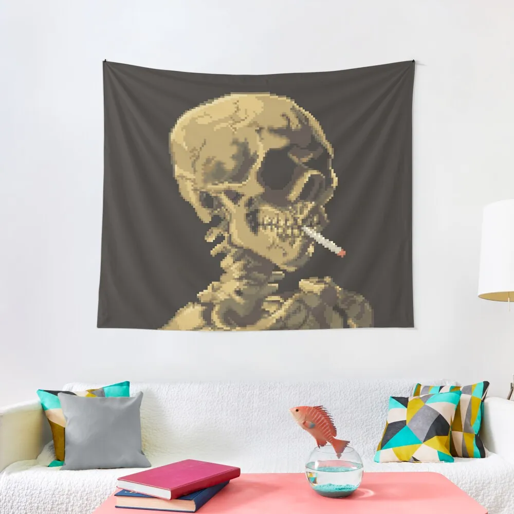 

Van Gogh Pixel Art - Skull of a Skeleton with Burning Cigarette Tapestry Home Decor Aesthetic Mushroom Tapestry