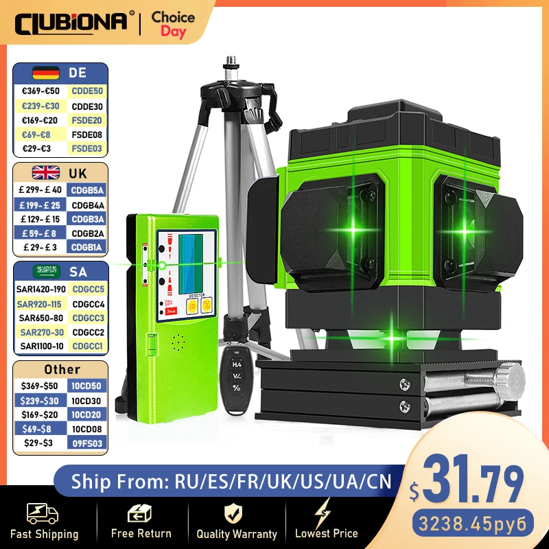 

CLUBIONA 12 Lines Laser Level Green Line Self Leveling 360 Horizontal And Vertical Super Powerful Green Beam Laser Level