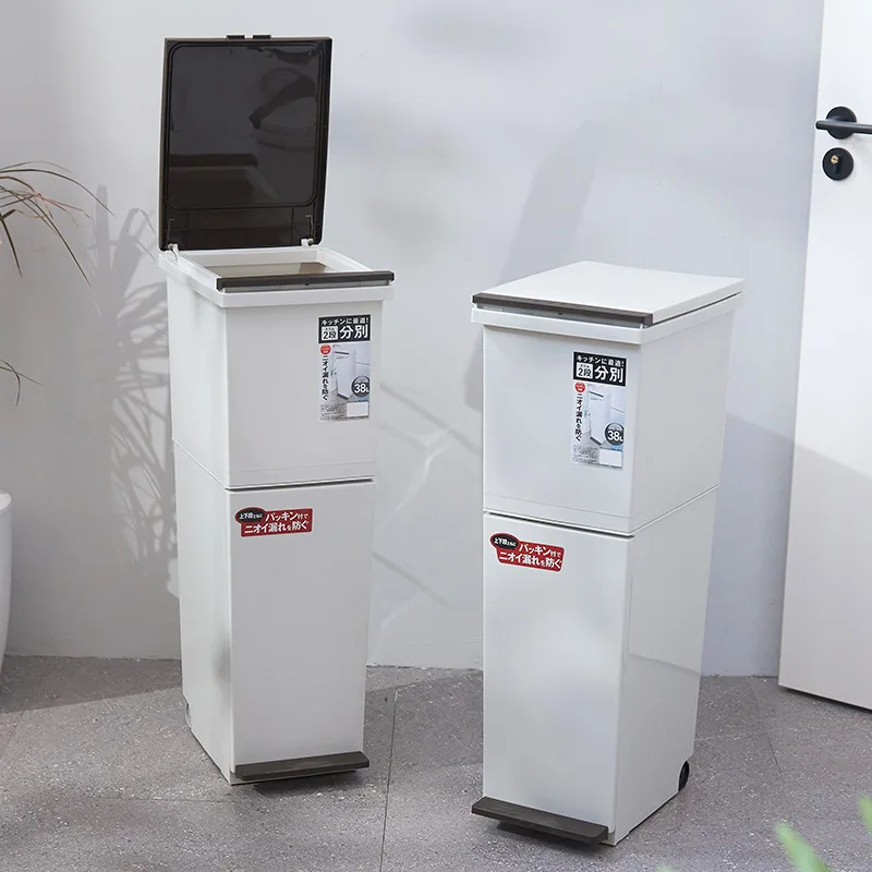 

Kitchen Japanese double-layer classification trash can 38L household pedal with wheels deodorant dry and wet separation trash ca