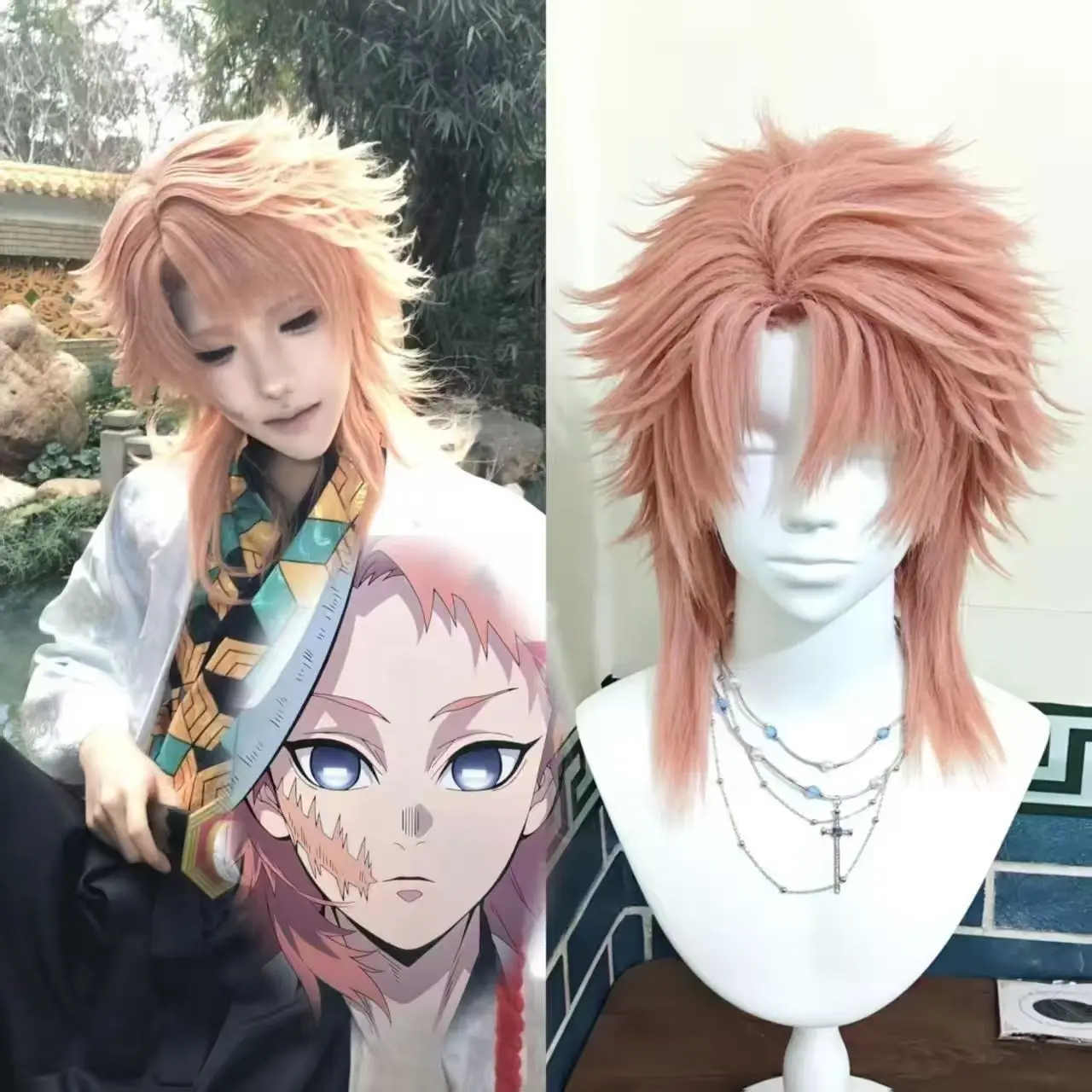 

Sabito Anime Cosplay Wig Pink Short Muller Synthetic Hair For Halloween Carnival Party Comic Con Stage Performance