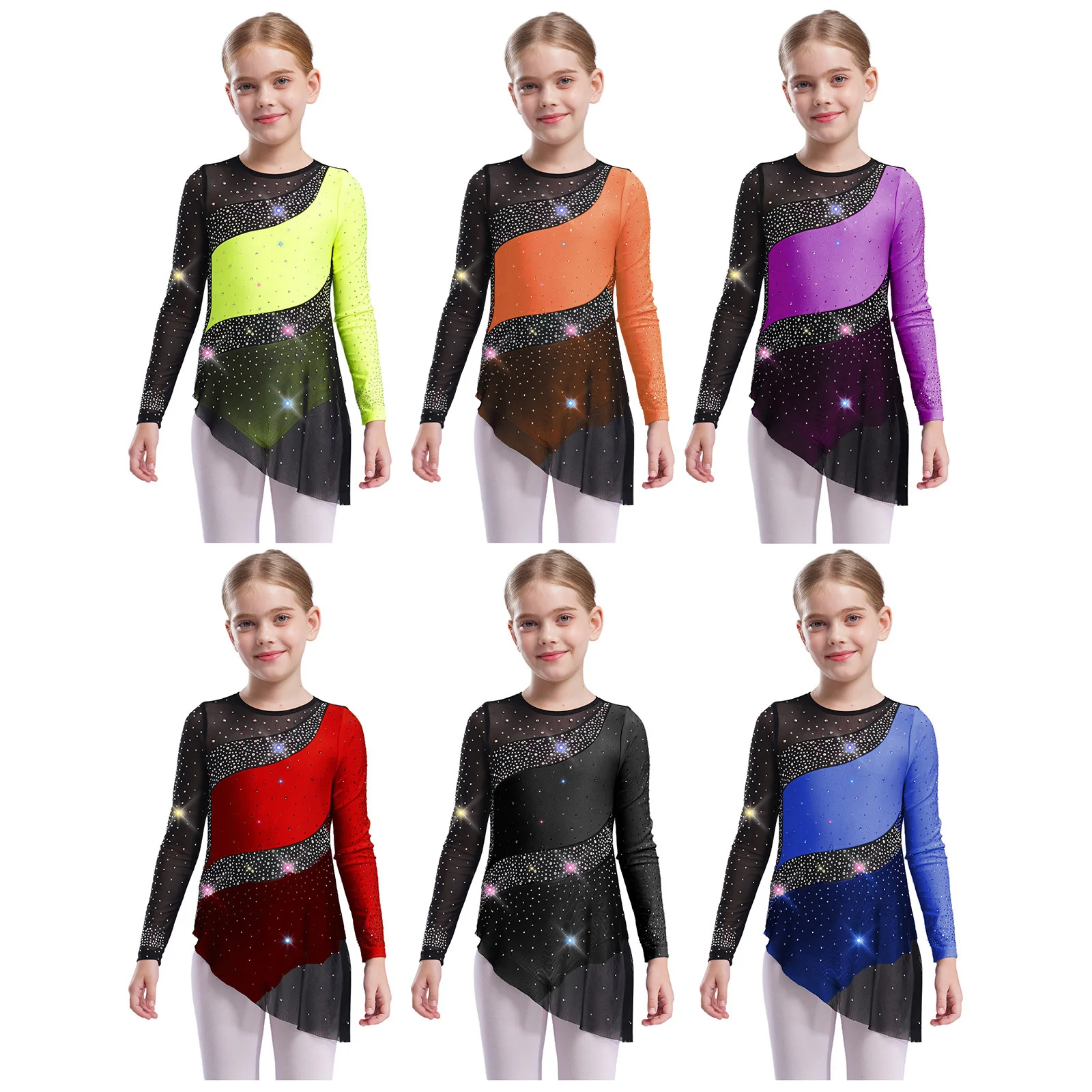 Fonkelende Steentjes Ritmische Gymnastiek Kostuum voor Kinderen Meisjes Lange Mouw Sheer Mesh Turnpakje Jurk Ballet Schaatsen Dancewear