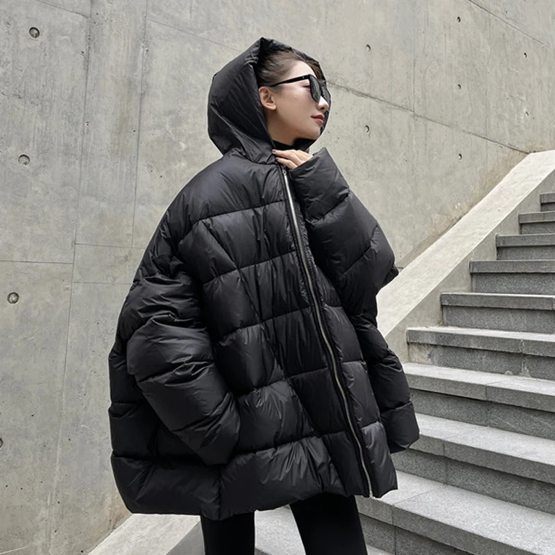 Luxury Women Oversized hooded down jacket fluffy parkas Winter Black Elegant Batwing sleeve puffer coat Ladies INKEO 2O135