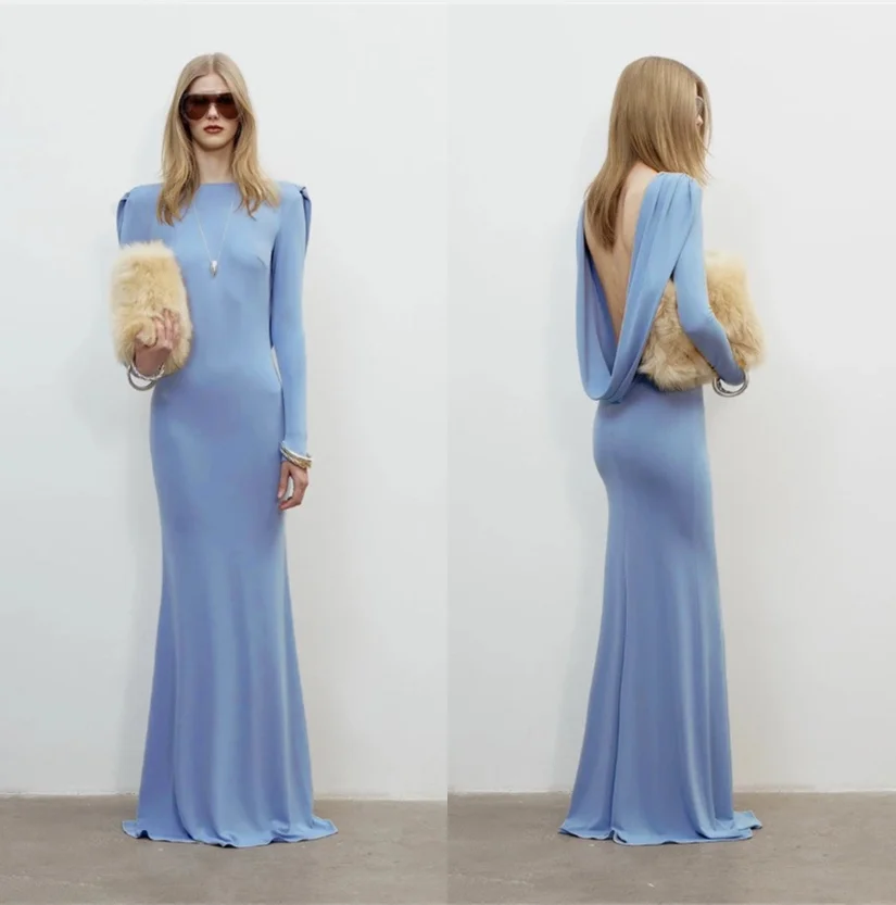 

Light Blue Prom Dress Elegant Sexy Backless Full Sleeves Long Sheath Party Bridal Gown Formal Guest Wedding Birthday Robe