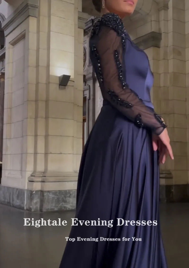 Eightale Navy Blau Abendkleider mit Langen Ärmeln Dubai Satin Perlen A-linie Formale Promi Prom Party Kleider für Hochzeit