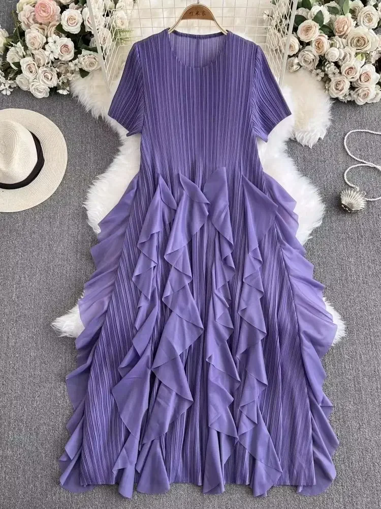 2025 verão novo elegante babados camada bolo vestidos miyake manga curta plissado a linha de alta estiramento festa midi vestido para mulher