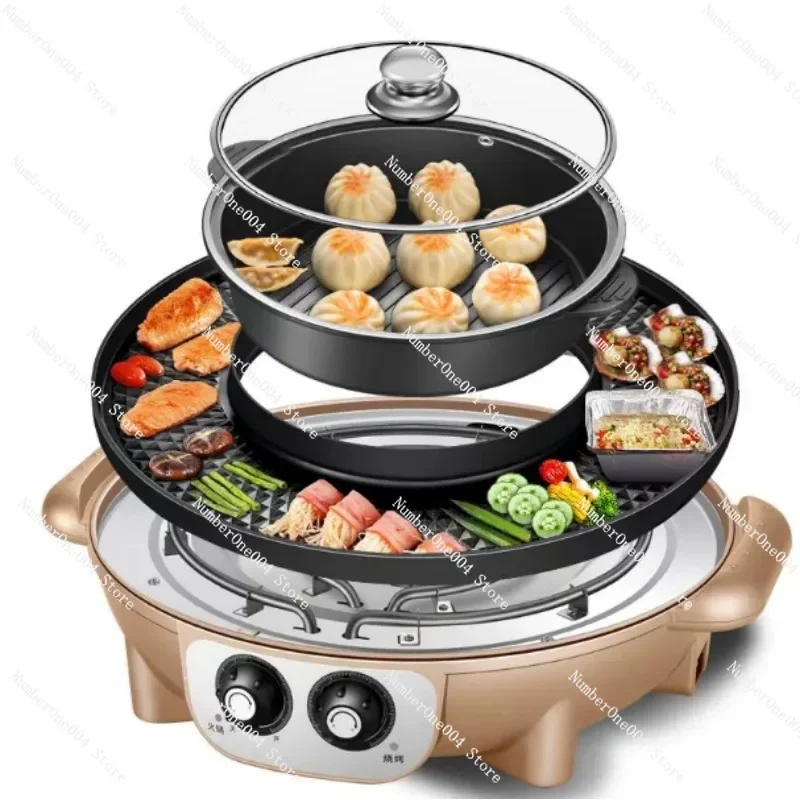 

Multifunctional 3-in-1 Hot Pot & Grill Pan Detachable Smokeless Electric BBQ Grill for Home Use