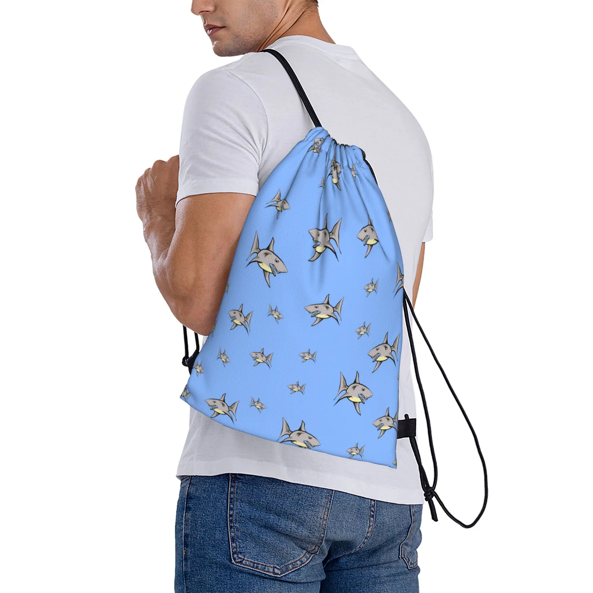 Custom Cartoon Ocean Sharks Pattern Drawstring Backpack Bags Women Men Lightweight  Gym Sports Sackpack Sacks for Shopping view 6