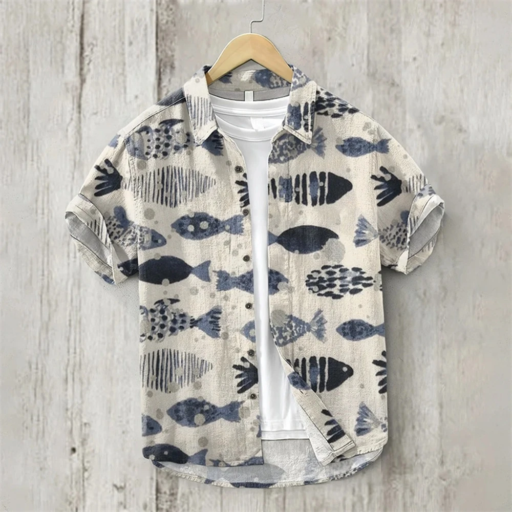 

2024 Summer Men's Shirt Fish Pattern Printed Men's Hawaiian Short Sleeved Shirt Fashion Outdoor Men's Short Sleeved Shirt