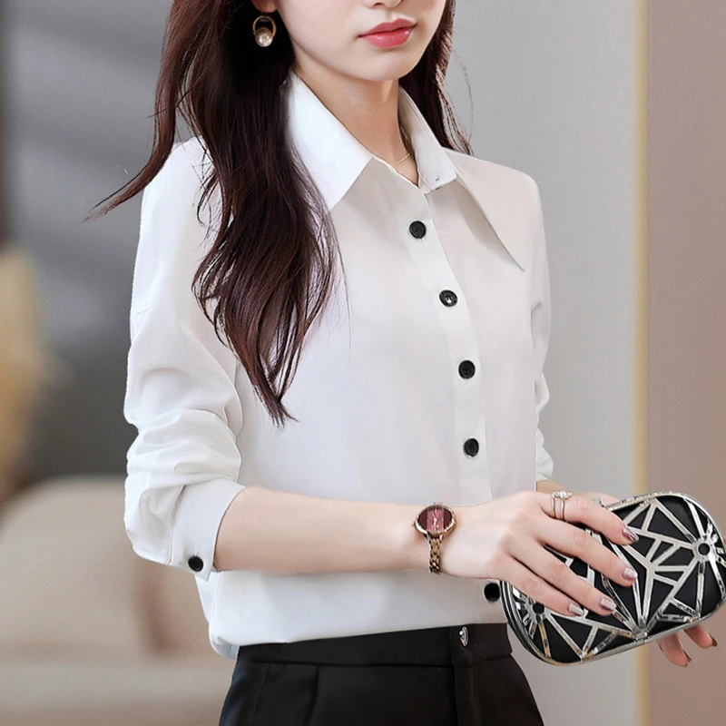 High-Quality White Shirts Women Fall Elegant Office White Blouse Designer Cusp Collared Long Sleeve Black Button Fit Blouses Top