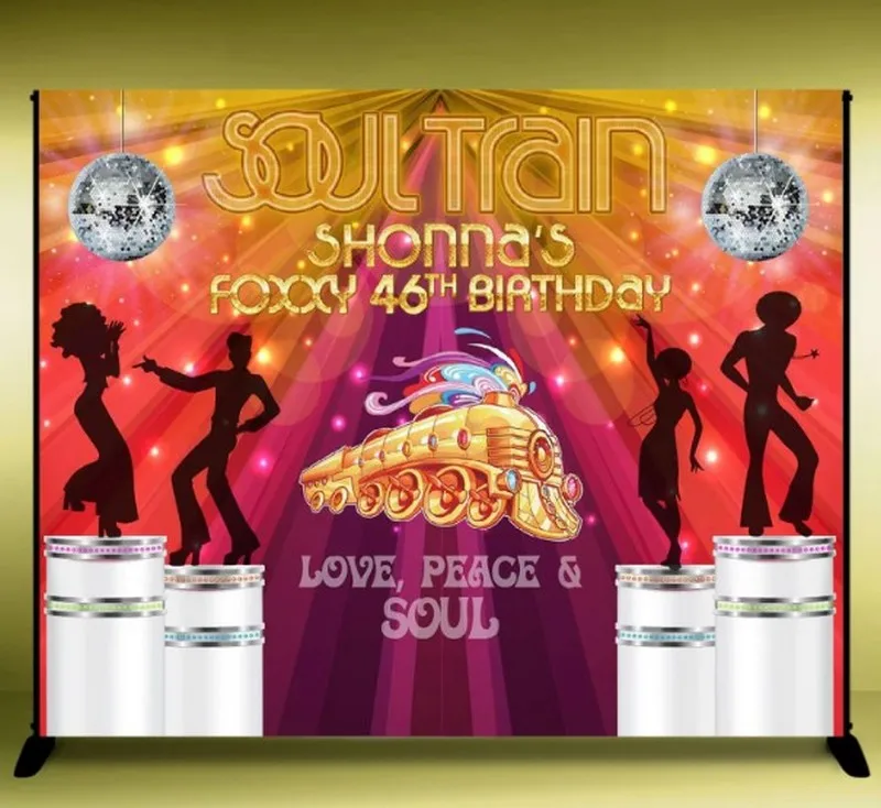 

Пользовательские 70-е годы Soul Train Дискотека Музыка Танцевальный мяч Сцена Боке Блеск 50th 40th фоны День рождения Фоны
