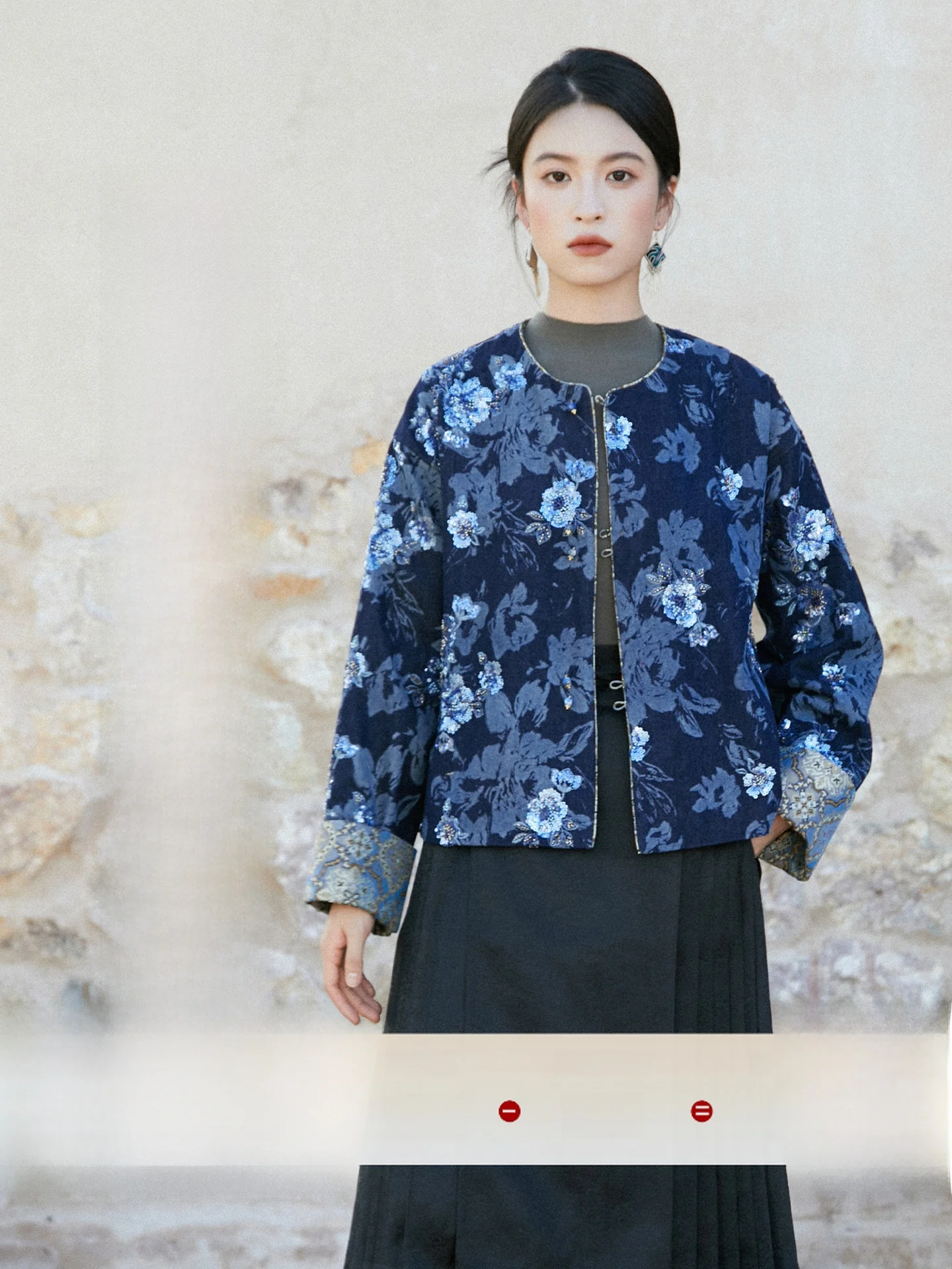 

New Chinese Sle Embroidered Printed Sequin Denim Jaet Women's Loose Fit Cotton Long Sve round Ne ort Outerwear