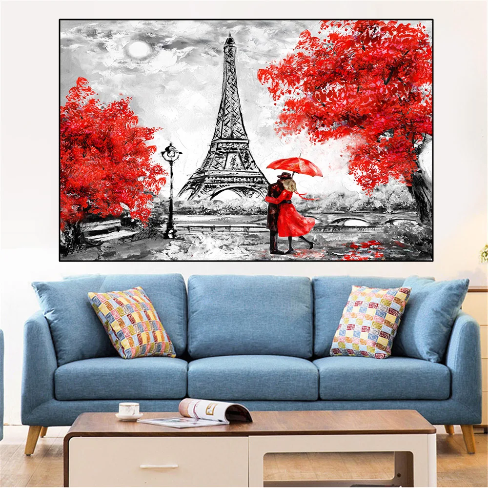 France Couple Paris Eiffel Tower Oil Canvas Painting Abstract Landscape Posters and Prints Wall Art Pictures Home Decor No Frame