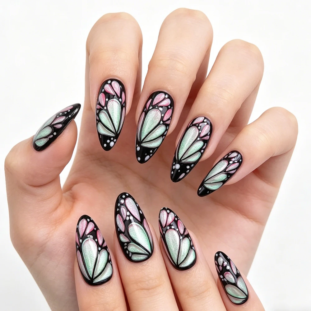 24Pcs Butterfly Wing Press On Nails Medium Almond Black Pink Green Iridescent Fake Nails Hand Painted Reusable False Nail Tips