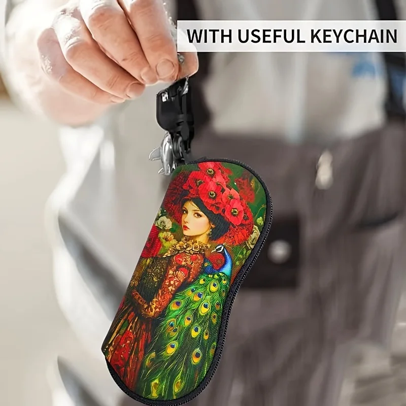 Vintage Peacock Girl bedrucktes Brillenetui, Brillenaufbewahrungsbox, tragbare Sonnenbrillentasche aus Neopren mit Karabiner 2026