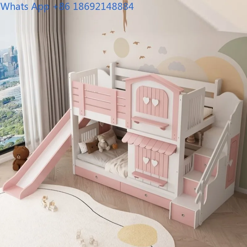Girls' Double Layer Bed Pink Princess Style Castle Bed with Slide Multi-Functional Bunk Bed