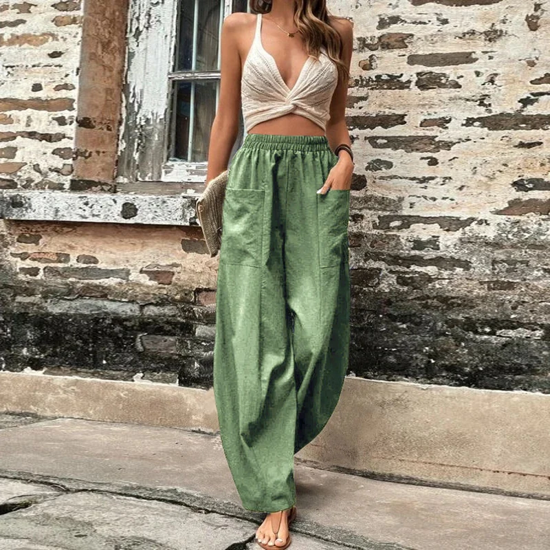 

Ladies New Solid Color Casual Long Pants Spring Summer Loose Fashion Mid Waist Pockets Elastic Trousers Streetwear Women's Wear