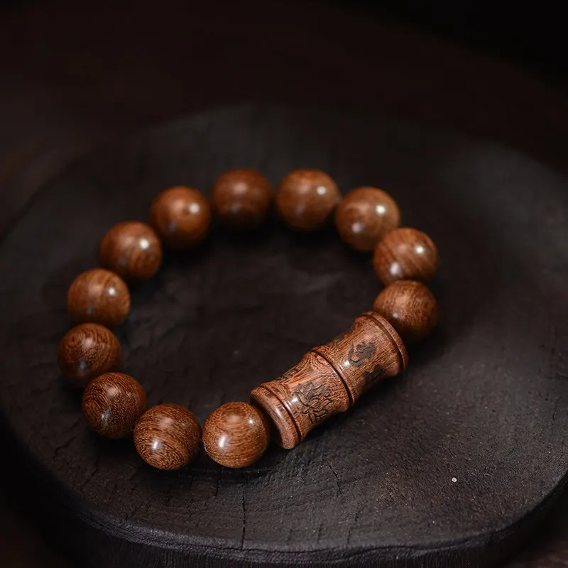Golden Sandalwood Beads Bracelet with Carved Scripture Cylinder Buddhist Six Mantra Storage Compartment Prayer Beads Unsex