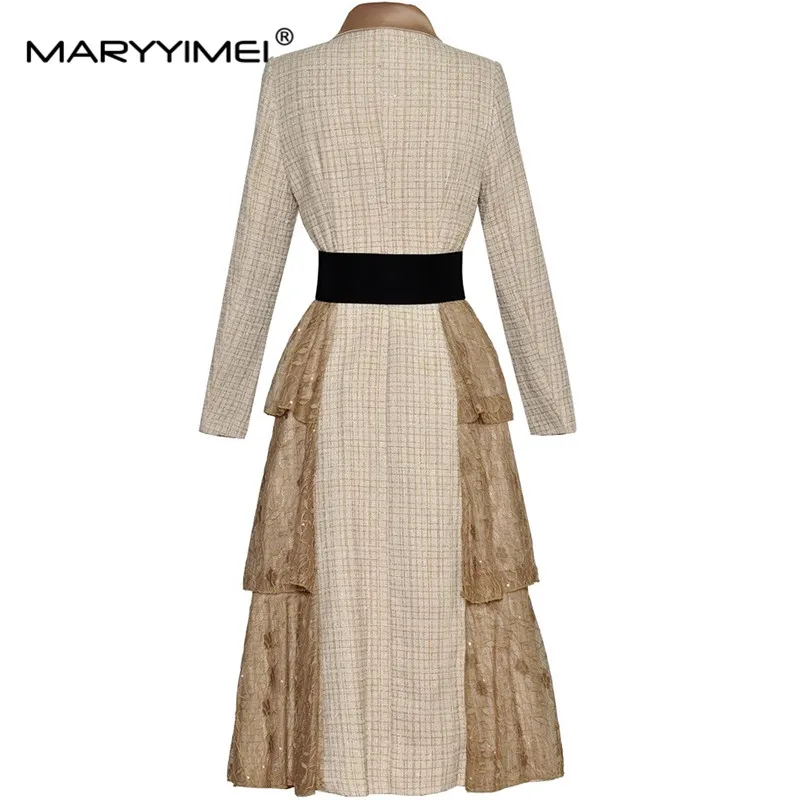 MARYYIMEI New Fashion Design Women's Coat Notched Long-Sleeved Double-Breasted Lace Splicing Mesh Plaid Overcoat With Belt