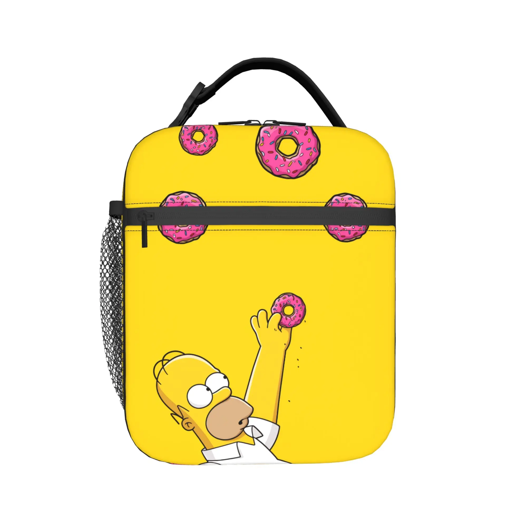 S-Simpsons Homer Donut Yellow Background Lunch Bag Print Lunch Box Cute Office Cooler Bag Portable Oxford Thermal Tote Handbags