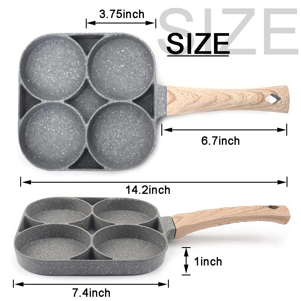 4-Hole Frying Pot Thickened Omelet Pan Black Non-stick Egg Ham Pancake Steak Wooden Handle Kitchen Cooking Breakfast Make