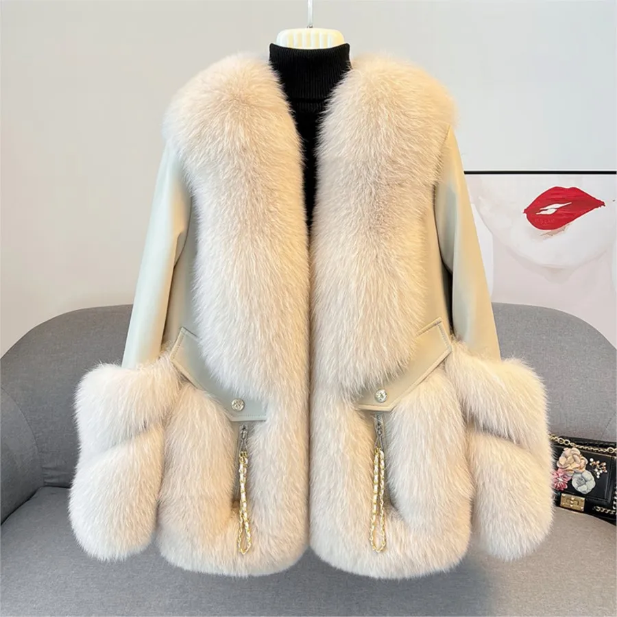 2023 New Fox Fur Fur Coat Women\'s Mid-Length Sheepskin Fur and Leather Overcoat White Goose Down