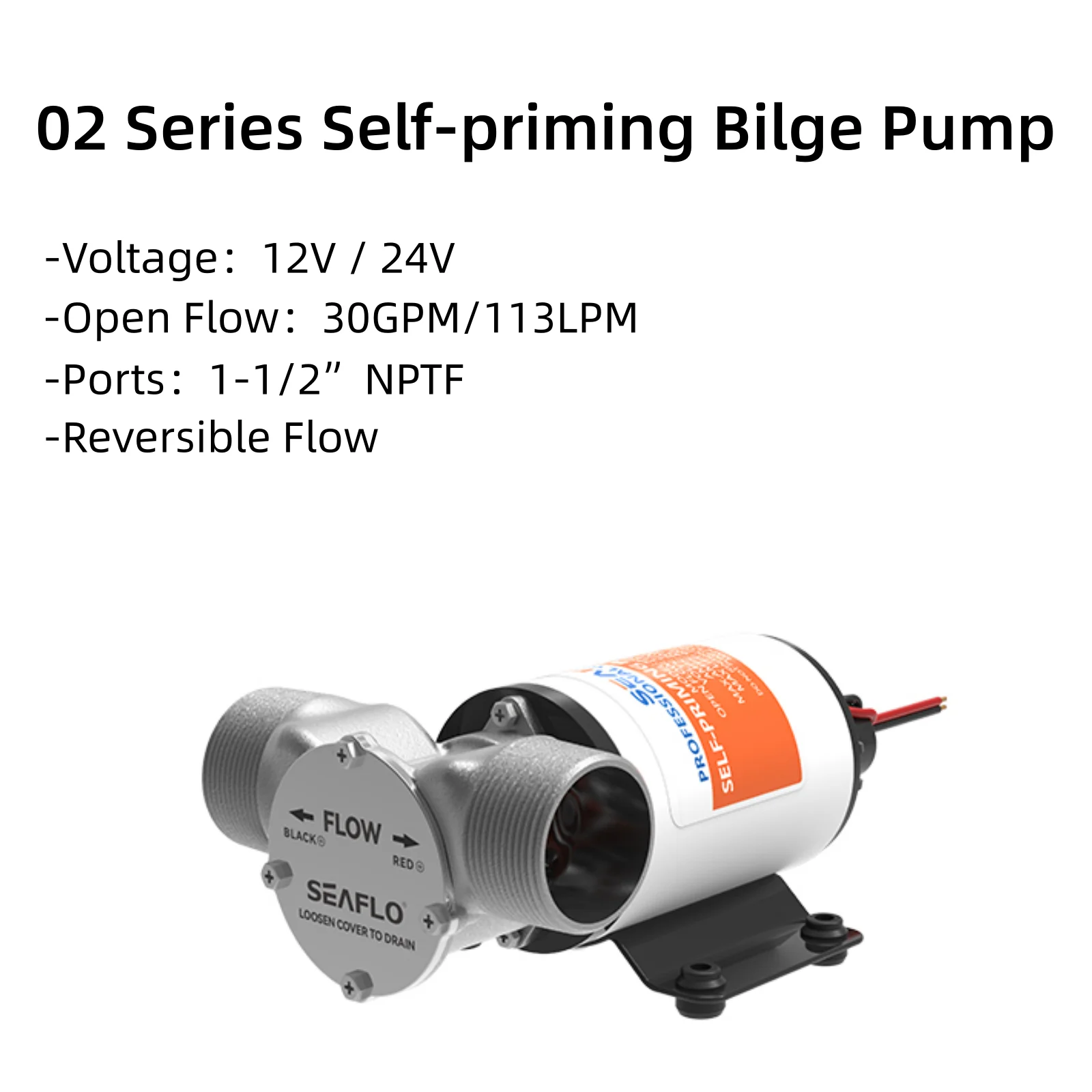

SEAFLO Electric Water Pump Reversible Industrial Washing Impeller Pump 12V High-Flow Self-Priming Drainage Pump for Marine Boat