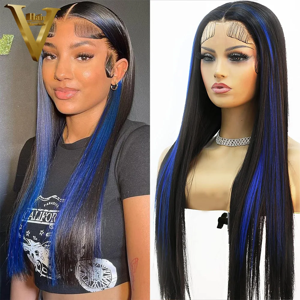 13×4  4×4 Straight Highlight Black With Blue Wig For Women Brazilian Virgin Human Hair Wigs 13×6 HD Transparent Lace Front Wig