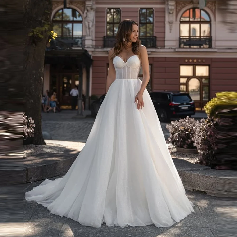 

Elegant Sleeveless A-Line Women Wedding Dresses Sweetheart Collar Tulle Prom Gowns Mopping Length Vestidos De Noivas Customized