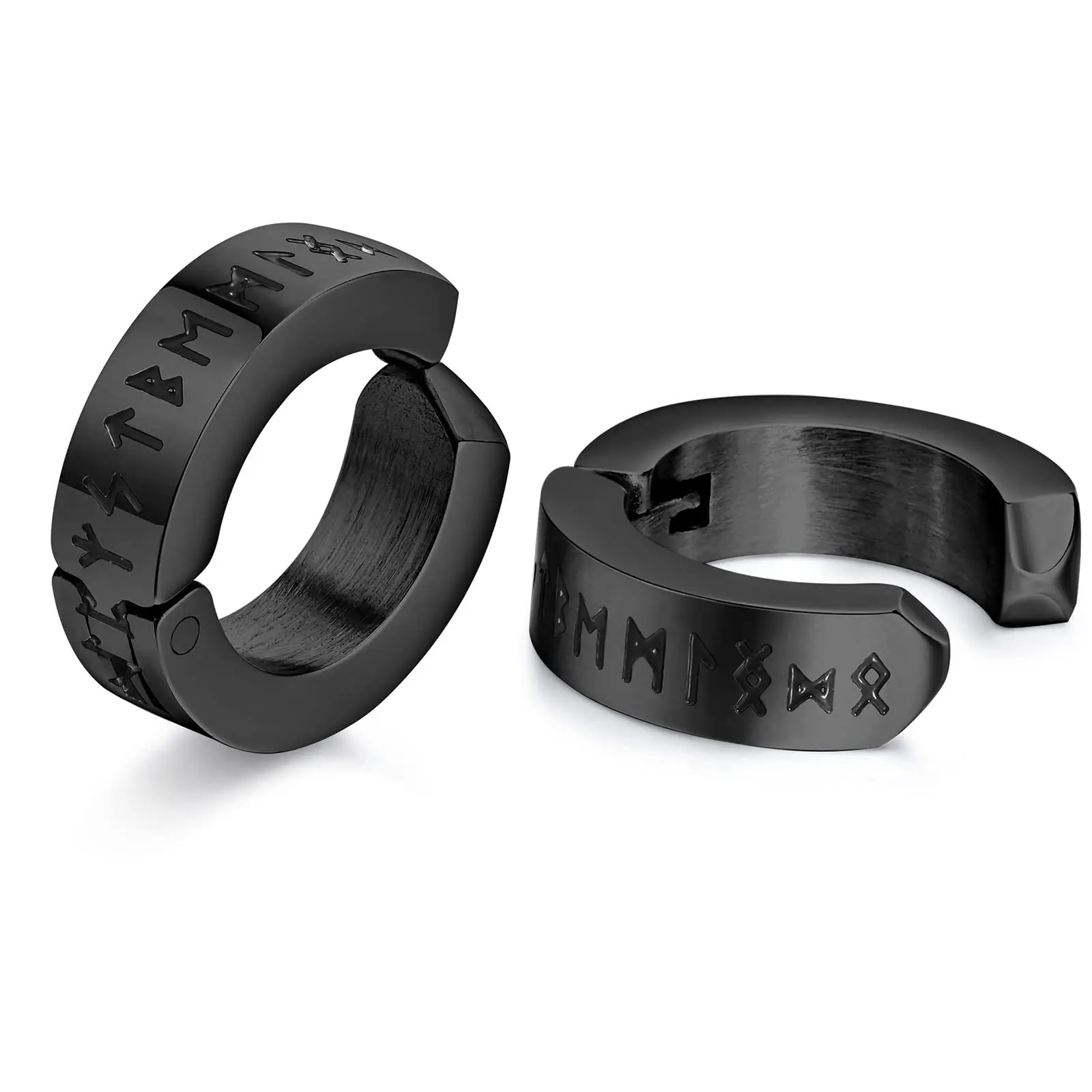 2pcs Stainless Steel Norse Viking Hoop Earring for Men Women Stud Huggie Hinged Earrings with Nordic Elder Futhark Runes