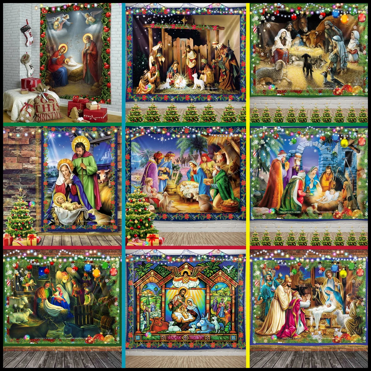 

Christmas Tapestry Jesus Birth Manger Barn Wall Hanging Angel Easter Wall Decor Christ Tapestries Nativity Scene Home Decoration